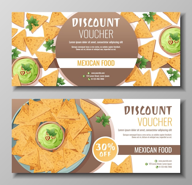 Vector discount voucher mexican food template design coupon with nachos and guacamole sauce banner poster