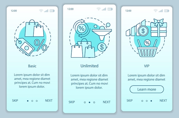 Discounts &amp; bonuses subscription onboarding mobile app page screen vector template. Basic, VIP tariffs. Walkthrough website steps with linear illustrations. UX, UI, GUI smartphone interface concep