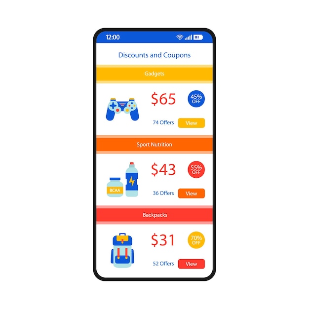 Sconti e coupon modello vettoriale interfaccia smartphone. layout di design bianco della pagina dell'app mobile. codici promozionali, schermata delle offerte di carte regalo. interfaccia utente piatta per l'applicazione. sconti per gli acquisti. display del telefono