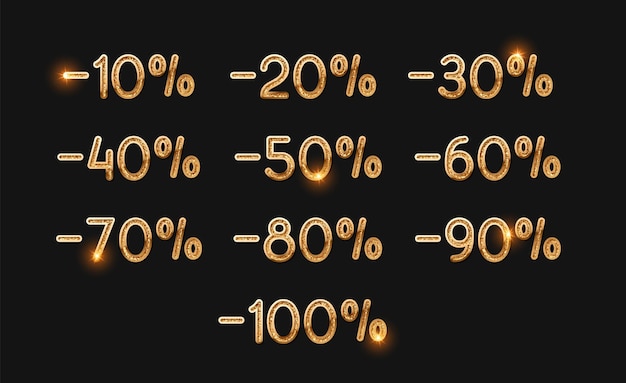 Discounts gold numbers. Elements design sale golden sign. Percentage 10, 20, 30, 40, 50, 60, 70, 80, 90, 100. From ten to one hundred percent discount