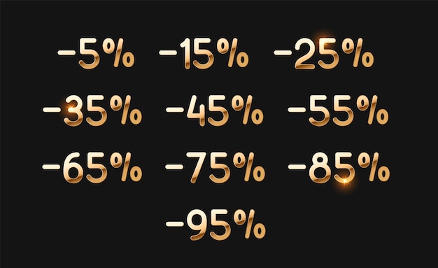 Скидки на золотые номера. Золотой знак продажи элементов дизайна. Процент 5, 15, 25, 35, 45, 55, 65, 75, 85, 95. скидка процентов. векторная иллюстрация