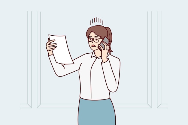 Discouraged woman in business attire with phone reading document and nervous about Vector image