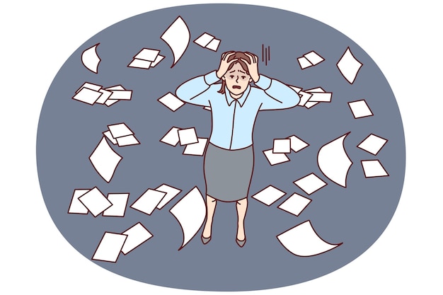 Discouraged woman clutching head while standing among scattered business documents vector image