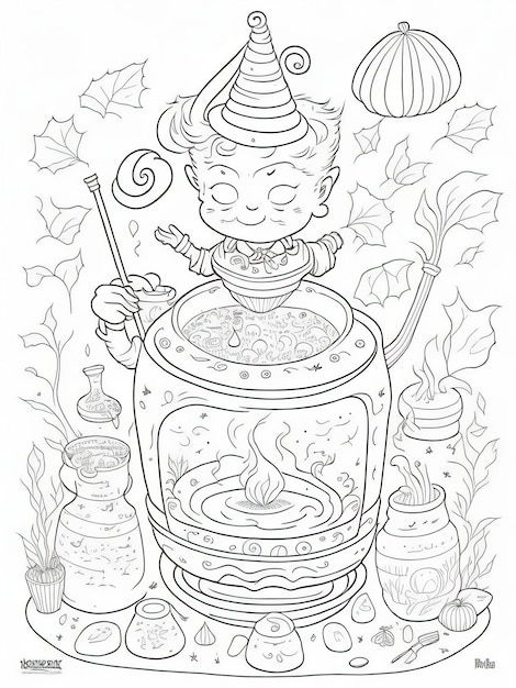 Discover the magic printable coloring page of potions and spells