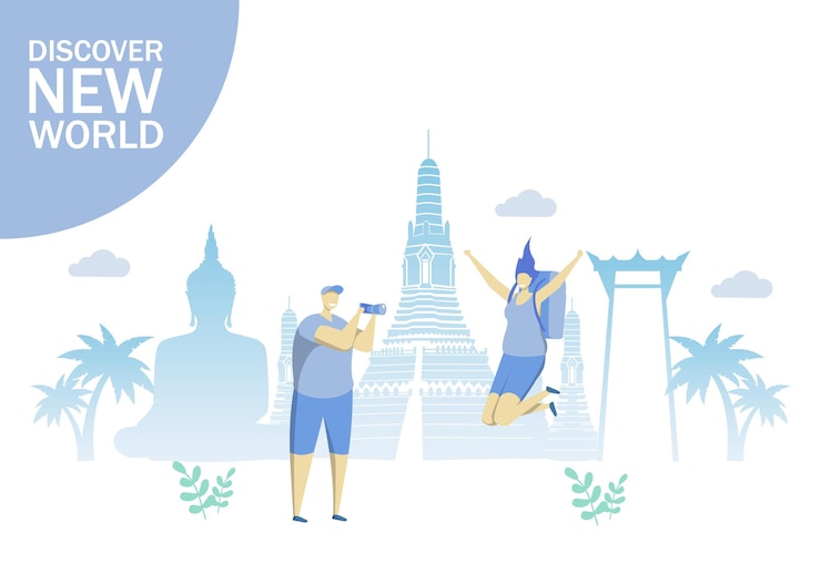 Vector discover new world vector flat style design illustration. travel to asia concept with traveling couple taking photo and famous asian landmarks for web banner, website page etc.