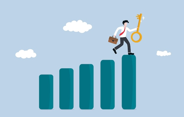 Discovering key to business success concept Business with golden key stepping on growth bar graph