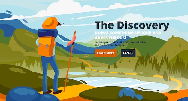 Vector discovery banner. adventure of a young man in the mountains