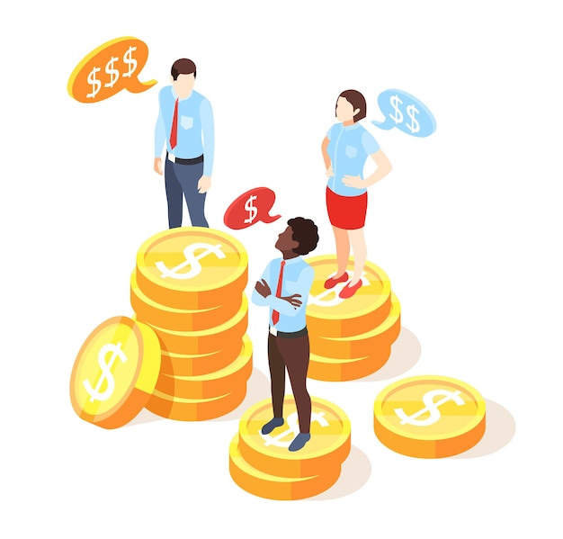 Discrimination isometric composition with human characters standing on stacks of dollar coins representing gaps in salaries illustration