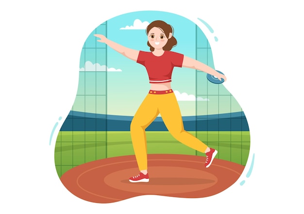 Vector discus throw athletics illustration with throwing a wooden plate in sports championship hand drawn