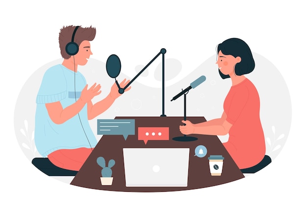 Discussie tussen journalist radio presentator en gast op show mensen opnemen audio podcast