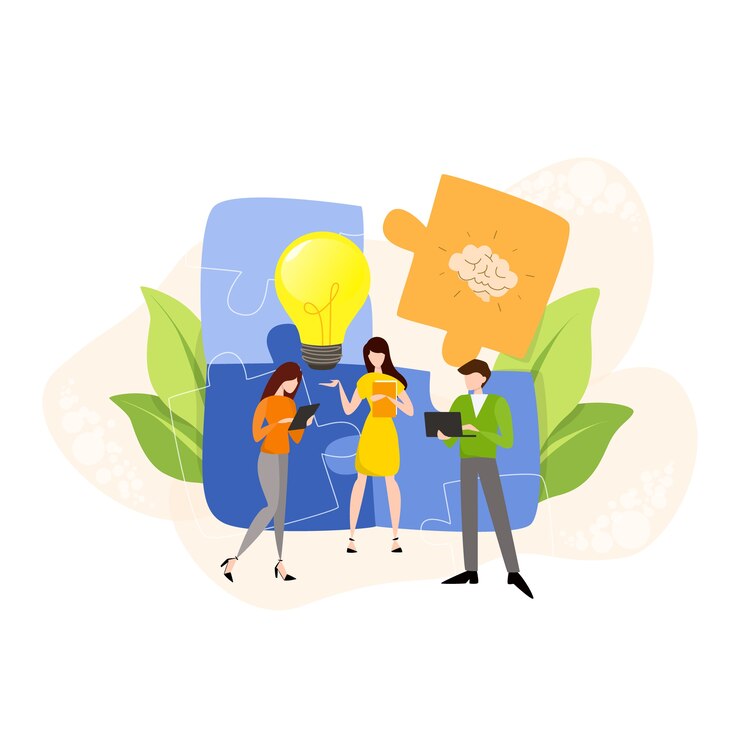 Vector discussion and brainstorming in team concept. group of business people at work, office meeting. professional communication.    illustration