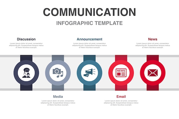 Discussione media annuncio e-mail notizie icone modello di progettazione del layout di progettazione infografica concetto di presentazione creativa con 5 passaggi