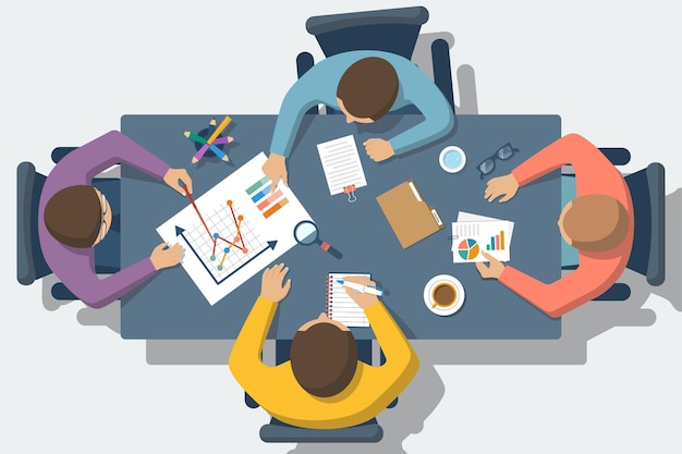 Discussion at meeting. Teamwork analyzing planning analyzing project, strategy, brainstorming, research development financial management, marketing research. Concept business. Vector flat design.