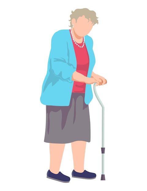 Vector disease old aged female character medical walking stick pension woman outdoor stroll cartoon