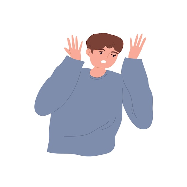 Vector disgruntled gesticulating young man looks surprised the emotional male character is shocked expression of discontent cartoon vector flat illustration on an isolated white background