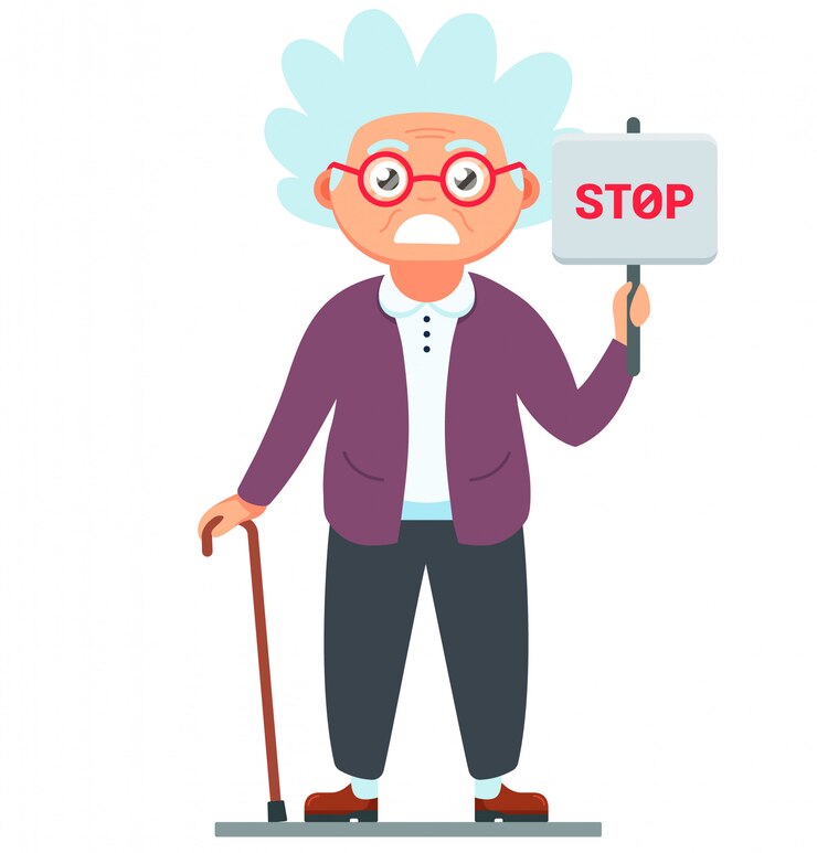 Vector disgruntled old woman with a stop sign