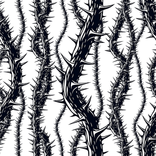Disgusting horror art and nightmare seamless pattern, vector background. Blackthorn branches with thorns stylish endless illustration. Hard Rock and Heavy Metal subculture music textile fashion stylis