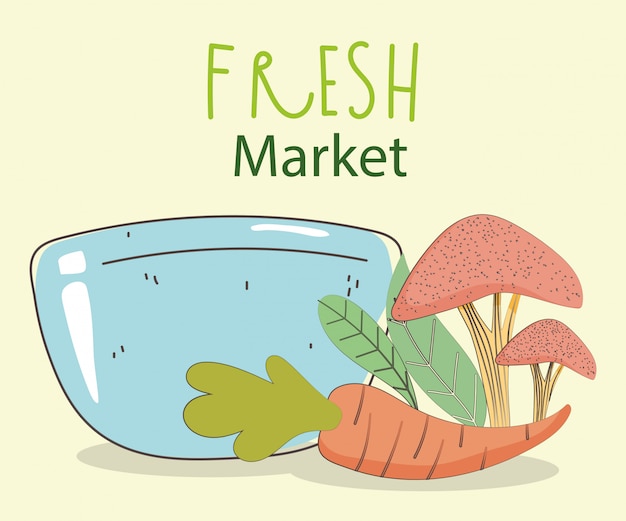 Alimento sano organico del mercato di prodotti freschi della carota e del fungo della ciotola del piatto con la frutta e le verdure