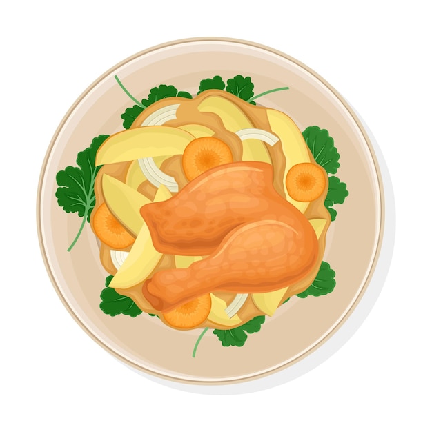 Vector dish of chicken and vegetable gravy with greenery garnishing vector illustration