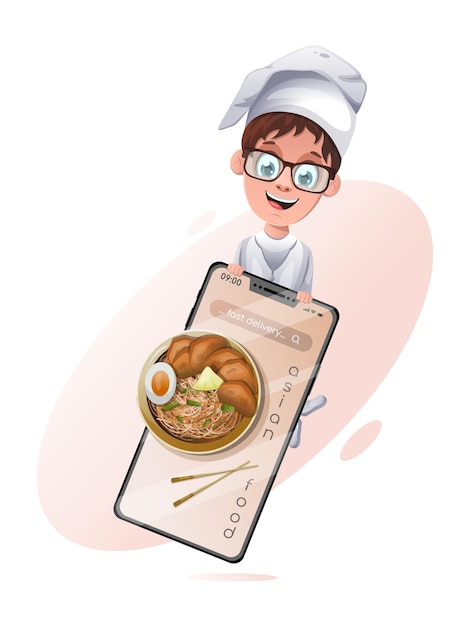 Dish Japanese cuisine in smartphone and boy chef