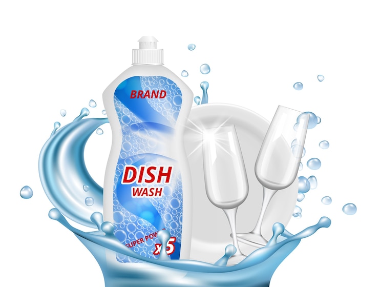 Vector dish liquid detergent. water splashes, glasses, white plate 