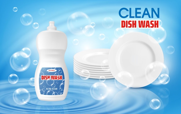 Dish wash liquid soap and clean plates poster with plastic detergent bottle