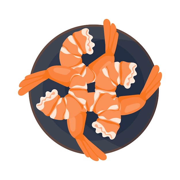 Vector dish with peeled boiled many shrimp with tails in cartoon style icon or badge with a plate for asian cuisine and seafood