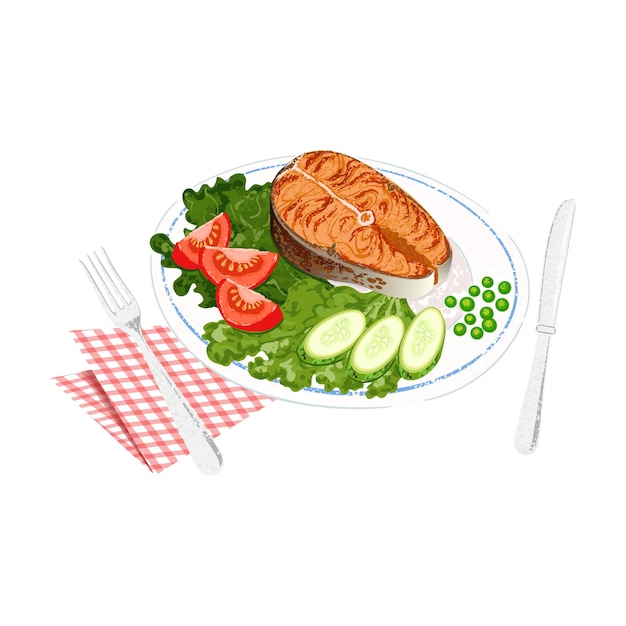 dish with red fish colorful illustration