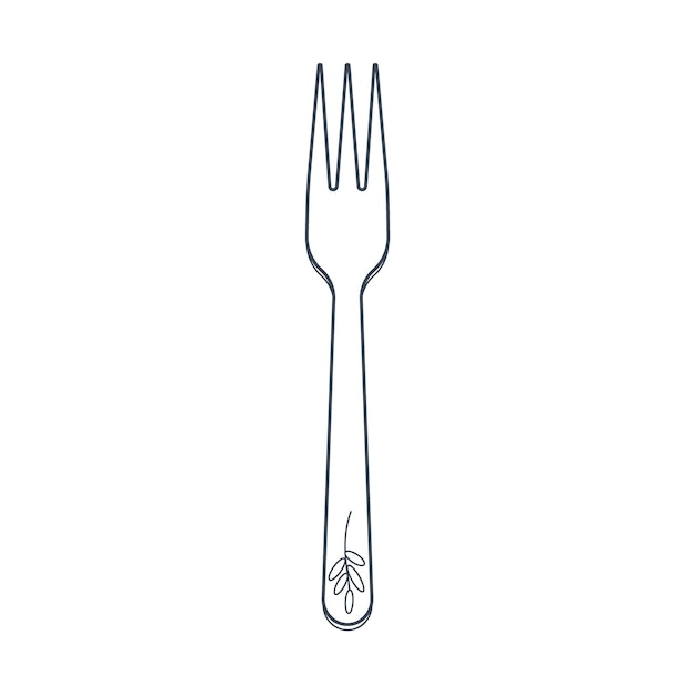 Vector dishes dessert fork with three prongs and a floral ornament on the handle line art