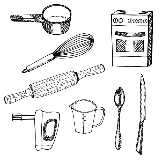 Premium Vector  Cute set with kitchen utensils. pans, knives, ladle.  hand-drawn illustration