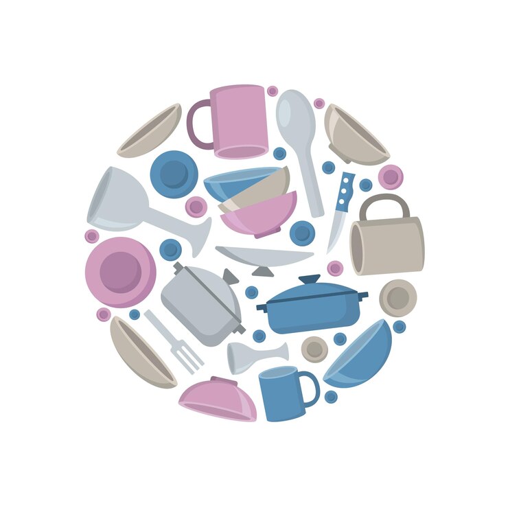Dishes kitchen utensils arranged in circle shape plate bowl saucepan fork spoon knife glass cup Kitchen equipment flat cartoon simple isolated objects