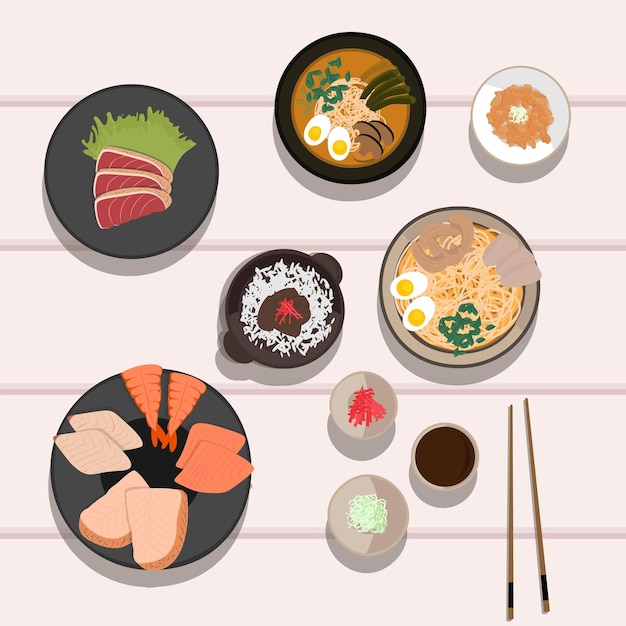 ベクトル 日本の郷土料理 刺身 サーモンステーキ 麺 味噌牛丼 納豆 調味料