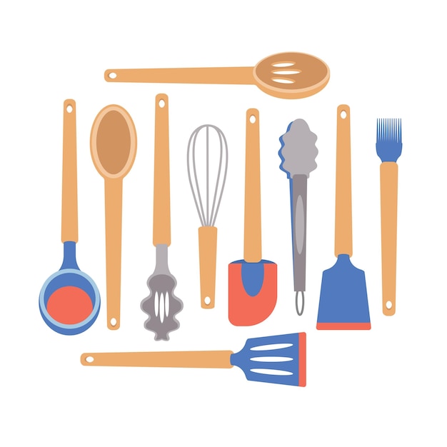 Dishes A set of kitchen utensils a ladle spoons tongs a kitchen brush a whisk a spatula