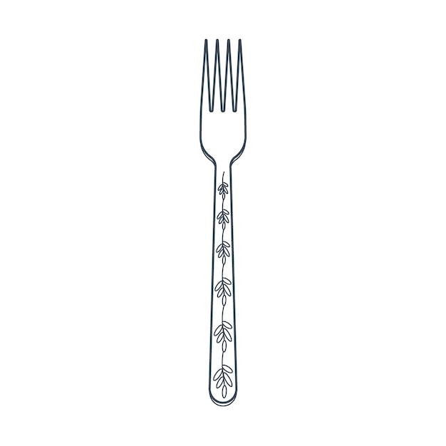 Dishes Table fork with four prongs and a floral ornament on the handle Line art