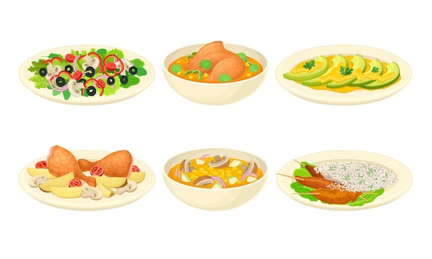 dishes with meat and vegetables served on plate vector set
