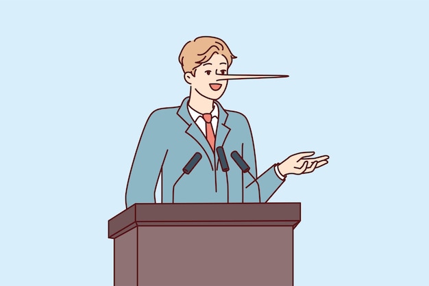 Dishonest man politician with long nose stands behind podium during election campaign vector image