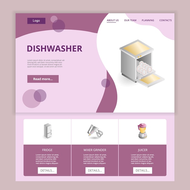 Vector dishwasher flat landing page website template fridge mixer