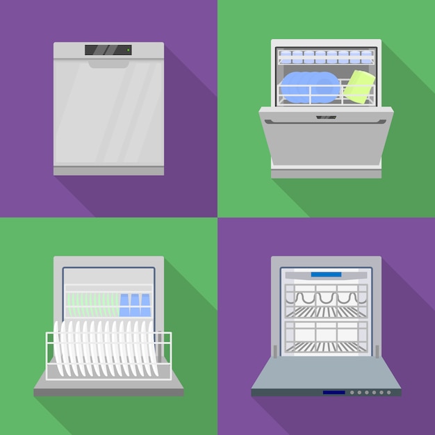 Vector dishwasher icons set, flat style