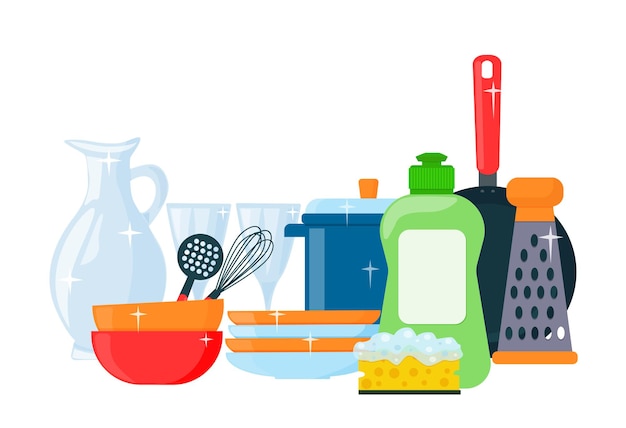 Vector dishwashing detergent, clean plates, glasses, frying pan and saucepan.  household theme