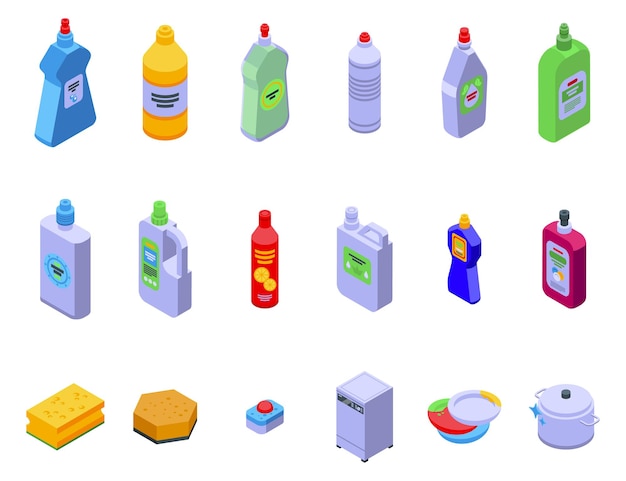 Dishwashing detergents icons set isometric vector crockery bowl