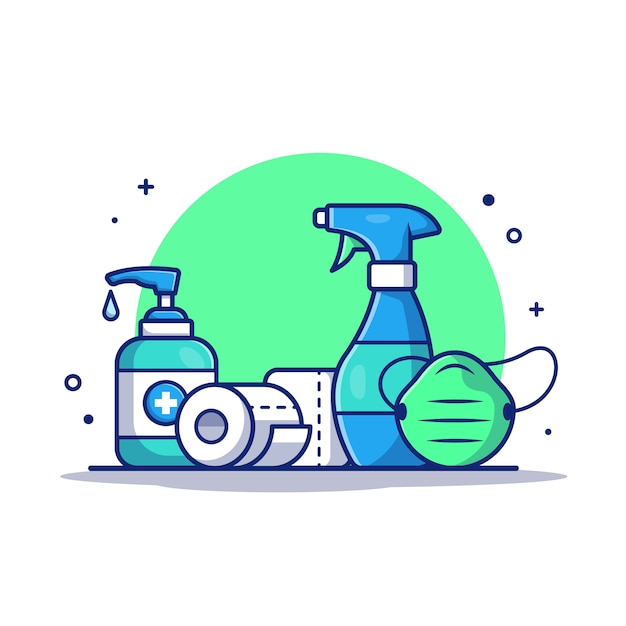 Disinfectant, Toilet Tissue Paper Roll And Medical Mask.   Icon Illustration.  