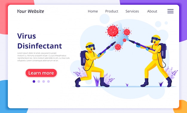 Дезинфицирующий работник в хазматах подходит для очистки и дезинфекции клеток коровавируса covid-19. дезинфицировать защиту от вируса концепции. шаблон оформления целевой страницы сайта