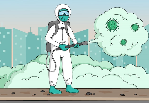 Disinfectant worker sprays coronavirus or covid-19 and wear protective mask and suit on city background