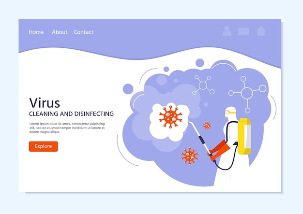 ウイルスの消毒、予防の概念、防護服を着た人、マスクのスプレーと消毒。世界的な流行またはパンデミック。 covid-19、ランディングページ。ベクター