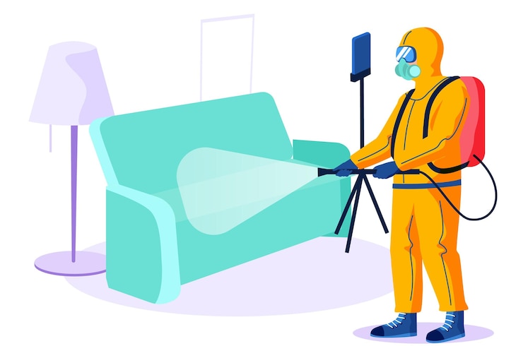 Vector disinfection of apartments cleaning worker in a chemical protection suit treats the surfaces of the house male character working with a disinfectant spray guy cleans the sofa with special equipment