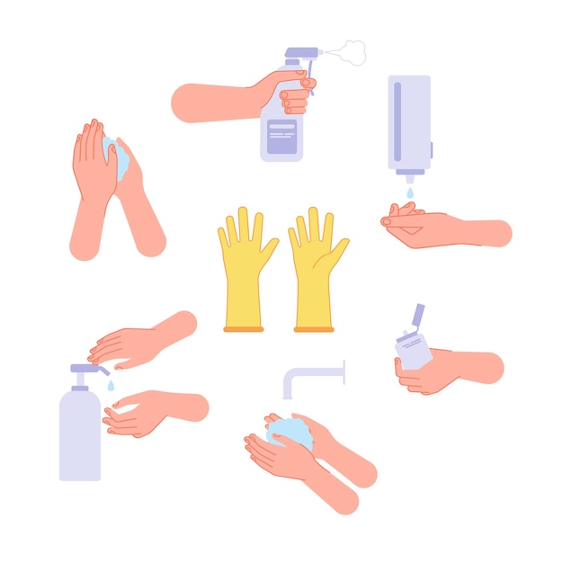 Vector disinfection. hand wash steps, drying hands and hygiene. sanitation spray washing soap gel and sanitize bottle. virus protection vector set. illustration avoid infection, antibacterial sanitary