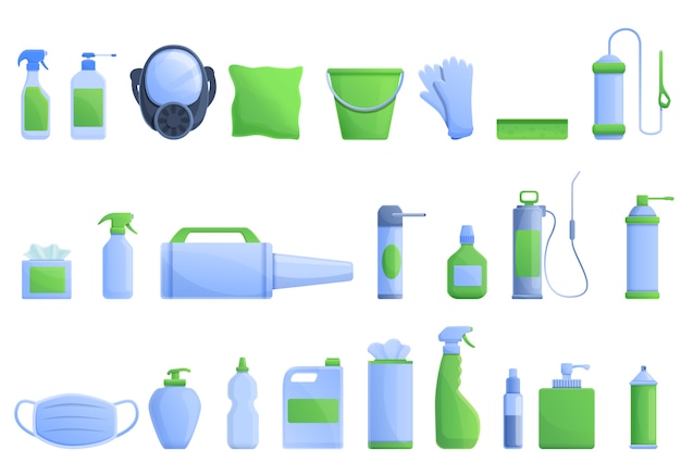 Disinfection icons set, cartoon style