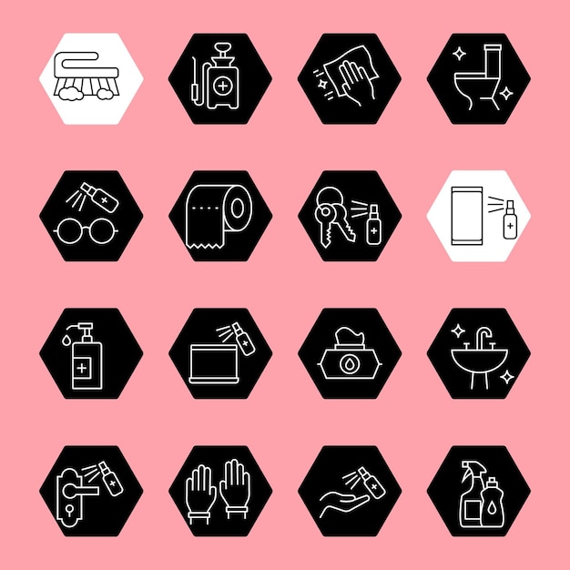 disinfection line icon set black and white