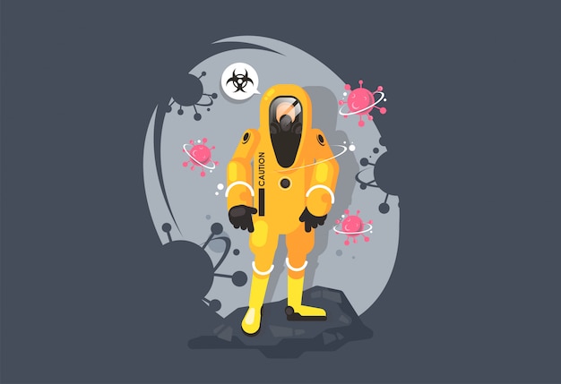 disinfector in a chemical protection suit. protection from the virus. biological hazard.
