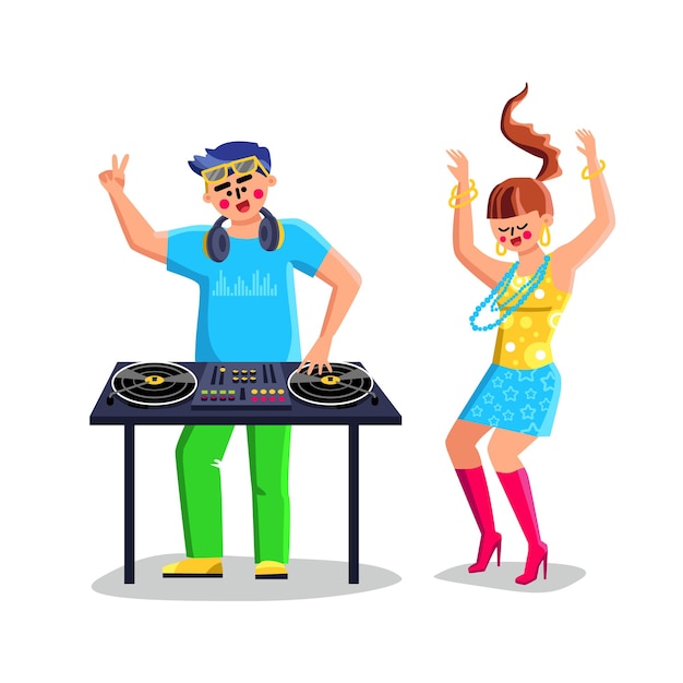 Disk jockey playing music on dj equipment vector. dj at turntable play cd players at nightclub during party and dancing young girl. characters in night club flat cartoon illustration